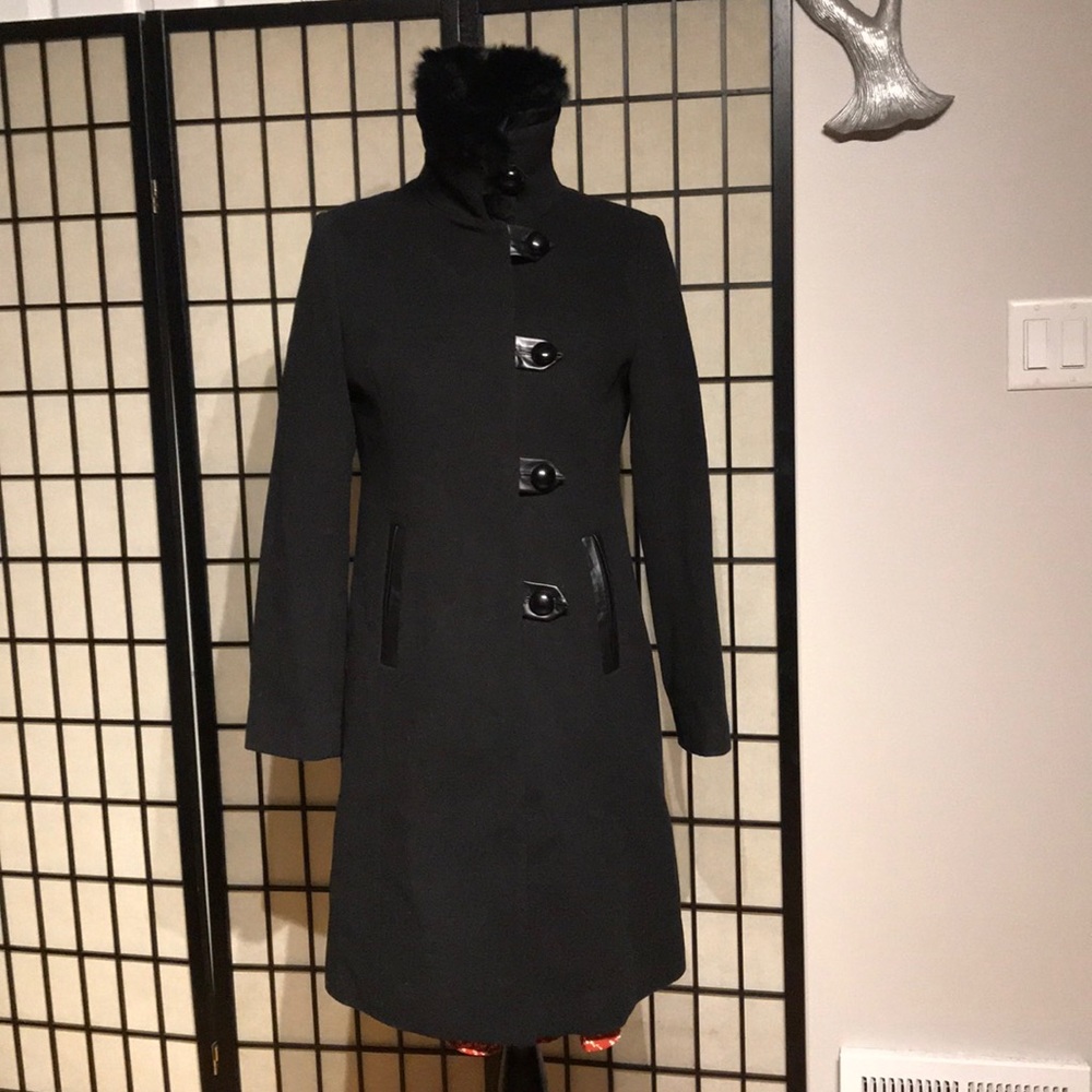 ✈️Nine West Wool Cashmere Real Rabbit Fur Military Mock Leather Button Vintage 6